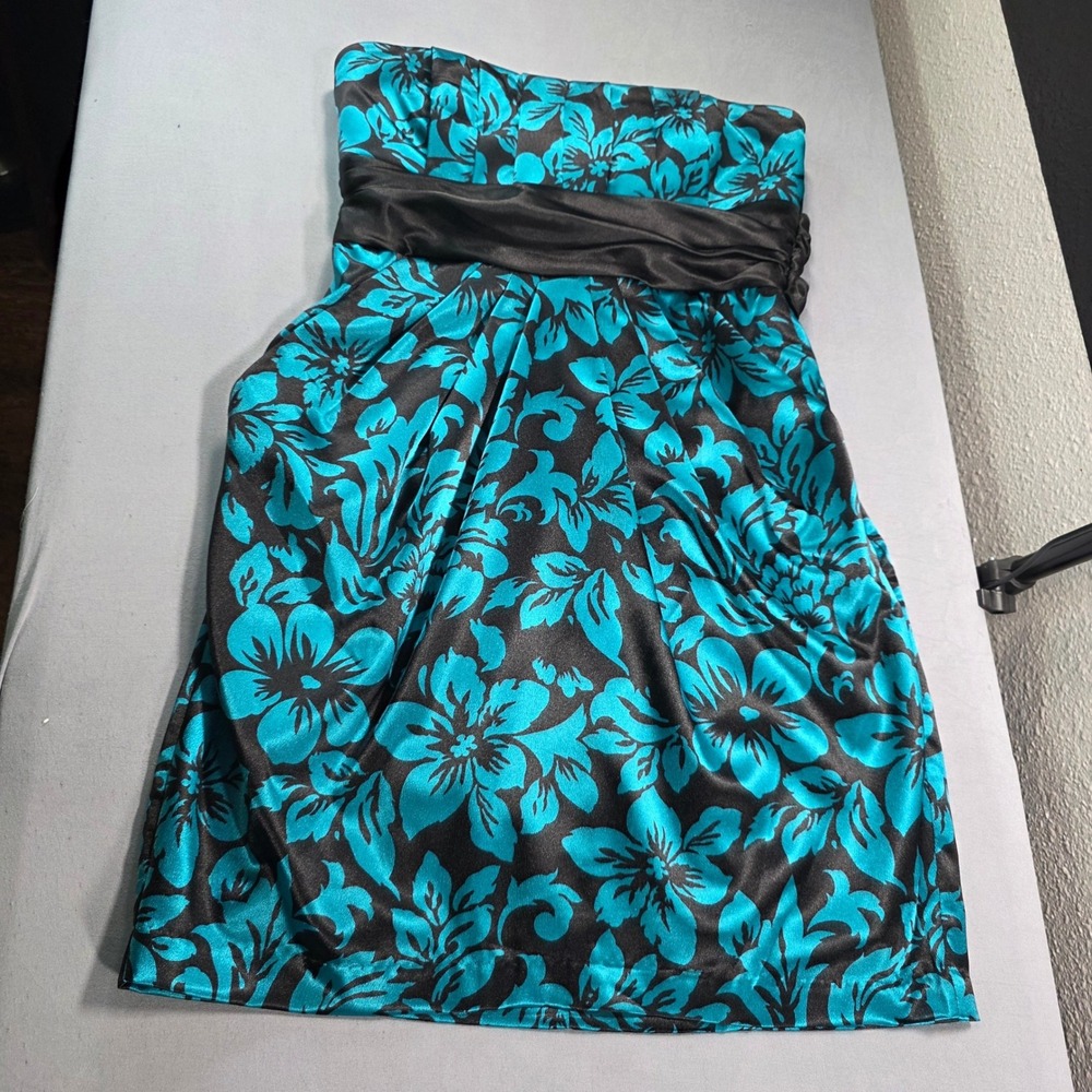 Speechless Teal Black Floral Strapless Cocktail Dress Size 7 NWT Pockets Bow